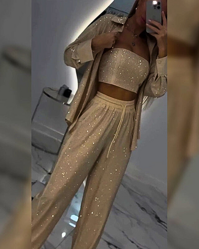 Glitrende blazer med vide bukser for kvinner (3-delt sett)