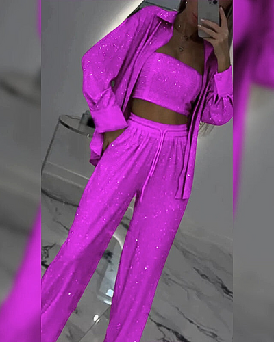 Glitrende blazer med vide bukser for kvinner (3-delt sett)