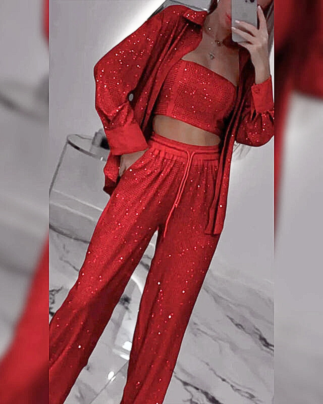 Glitrende blazer med vide bukser for kvinner (3-delt sett)