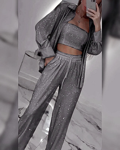 Glitrende blazer med vide bukser for kvinner (3-delt sett)