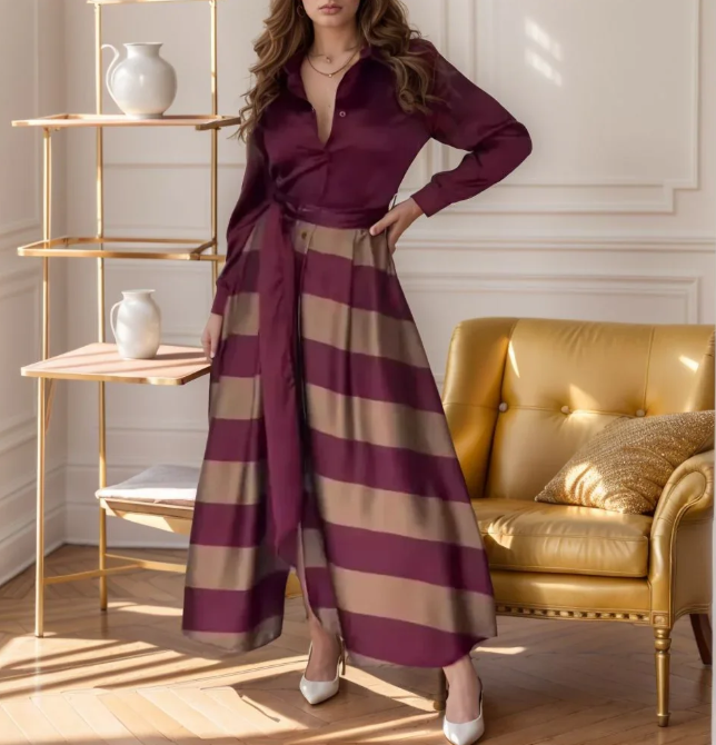 Amara | Satinkleid mit Streifen und Hemdkragen