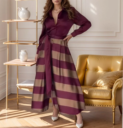 Amara | Satinkleid mit Streifen und Hemdkragen