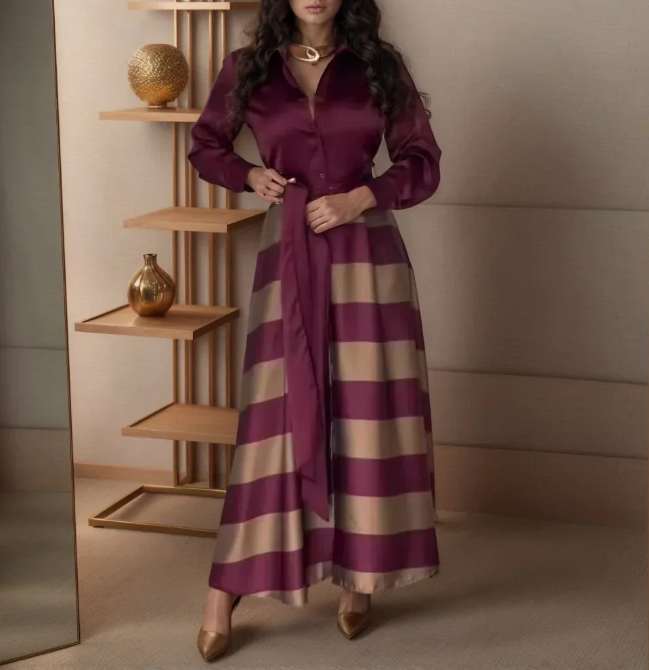 Amara | Satinkleid mit Streifen und Hemdkragen