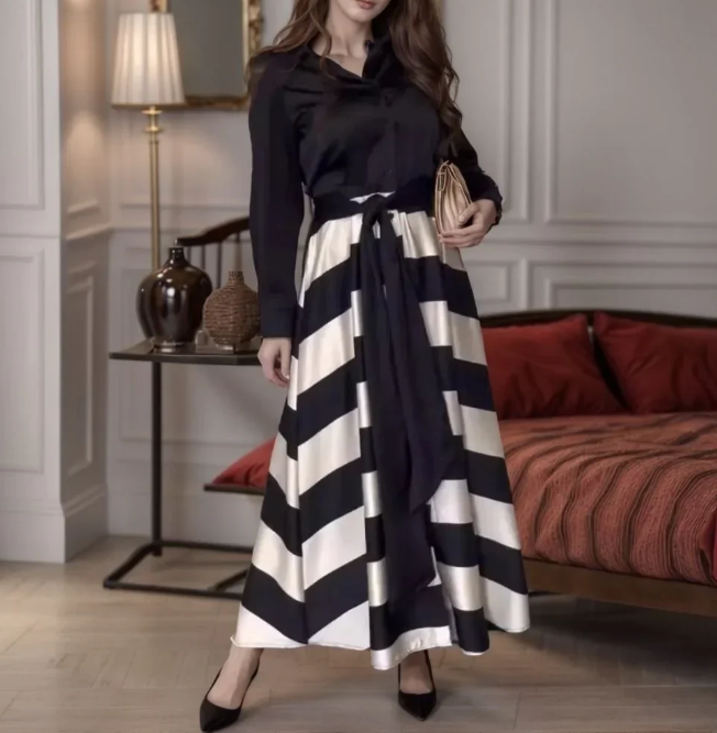 Amara | Satinkleid mit Streifen und Hemdkragen