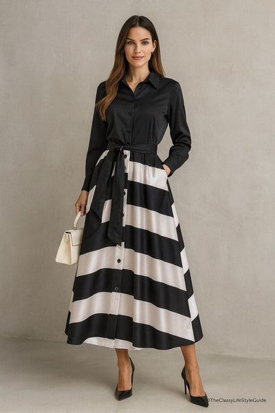 Amara | Satinkleid mit Streifen und Hemdkragen